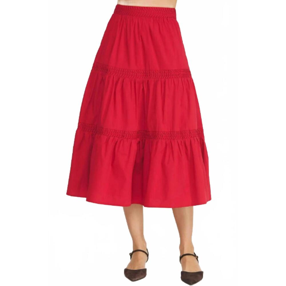 NEW STRUT & BOLT pintuck tiered midi skirt in cherry red